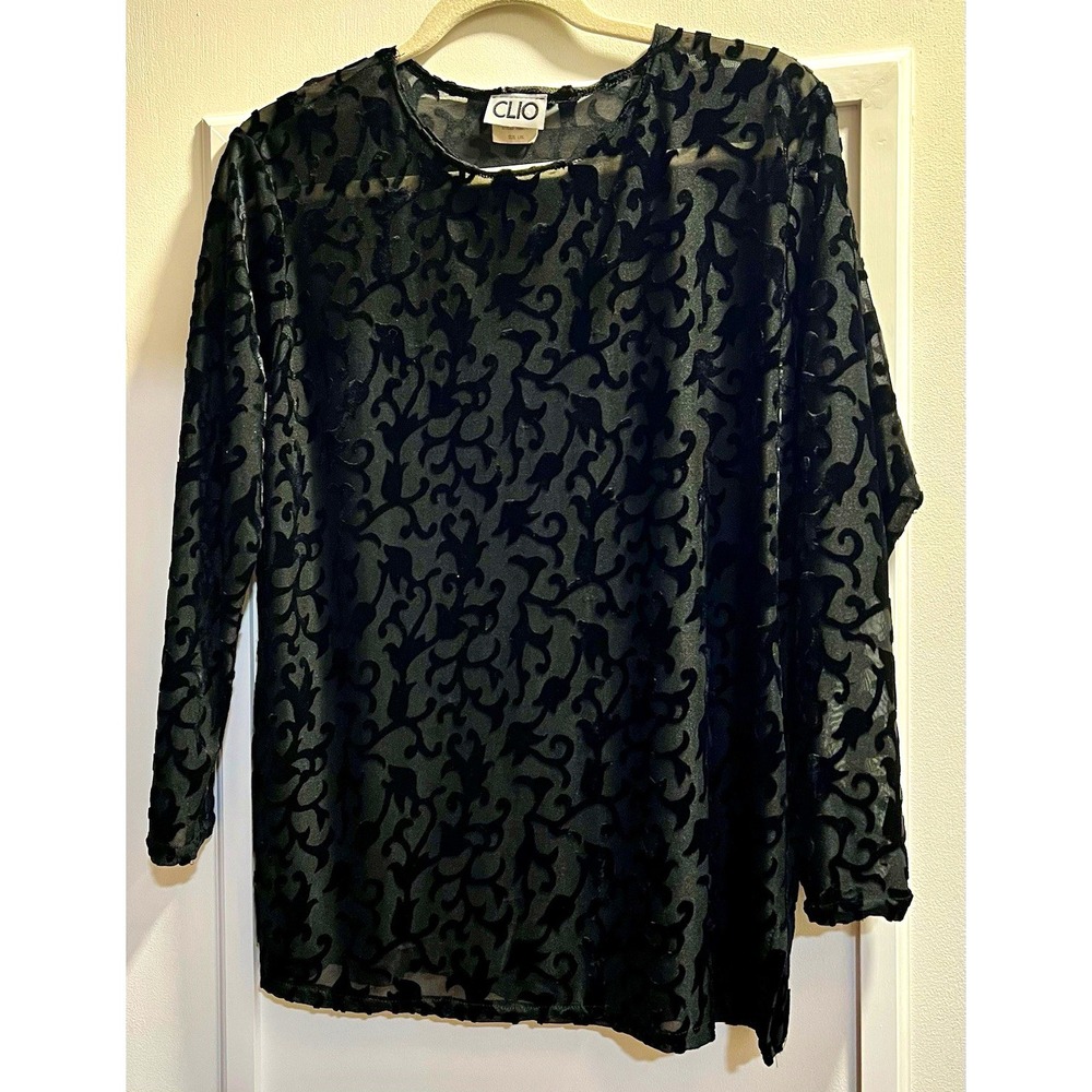 CLIO Women’s L Black Sheer Velvet Burnout Floral Round Neck 3/4 Sleeve Blouse